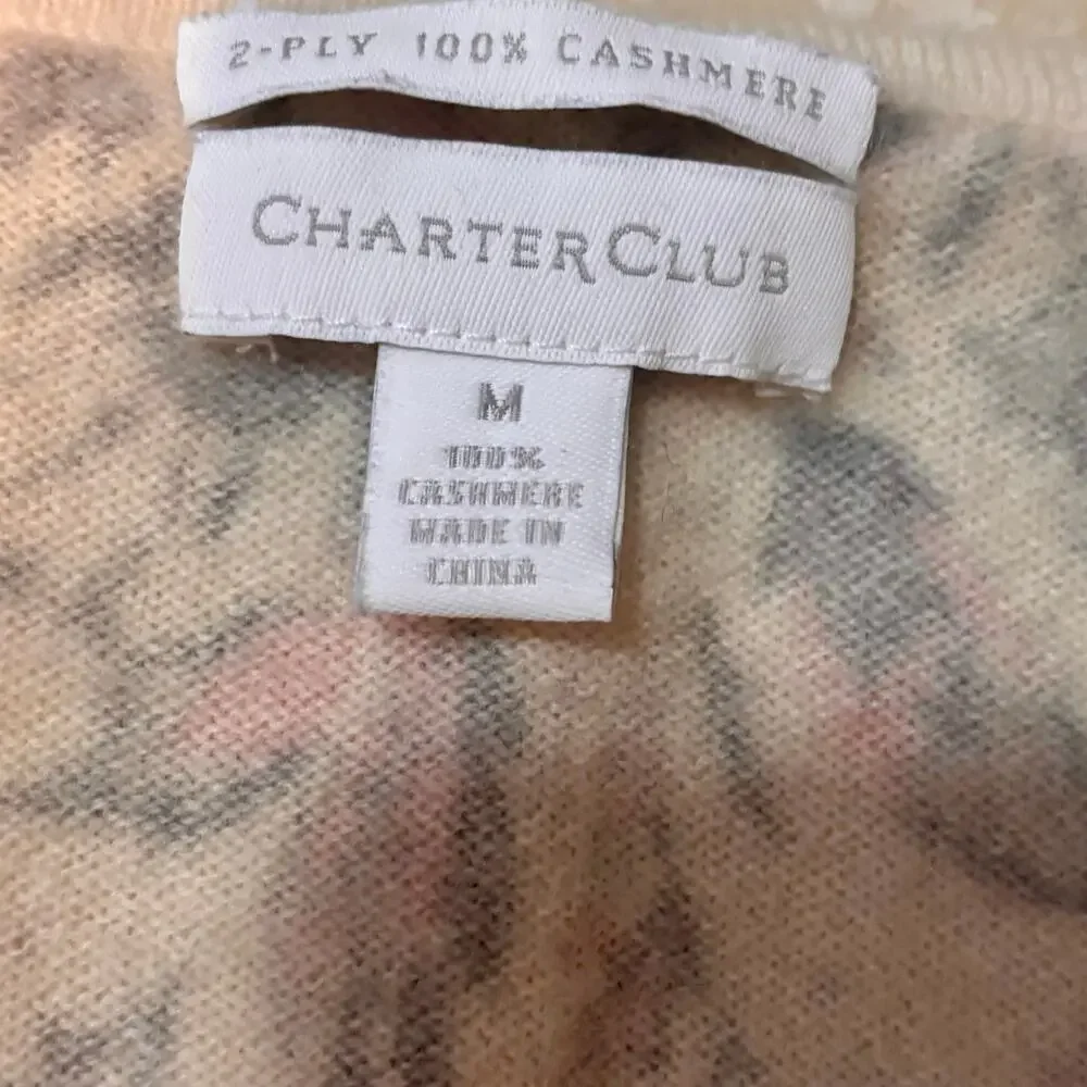 Charter Club 2 Ply Cashmere Pink/Gray Paisley Women's V Neck Sweater Sz Medium - Picture 4 of 7